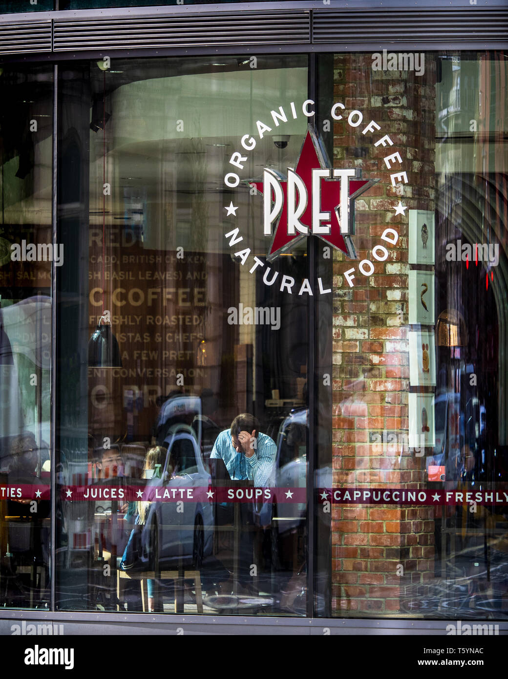 Pret a Manger coffee shop and sandwich store in central London UK. Pret is a UK based chain founded in 1983. Stock Photo