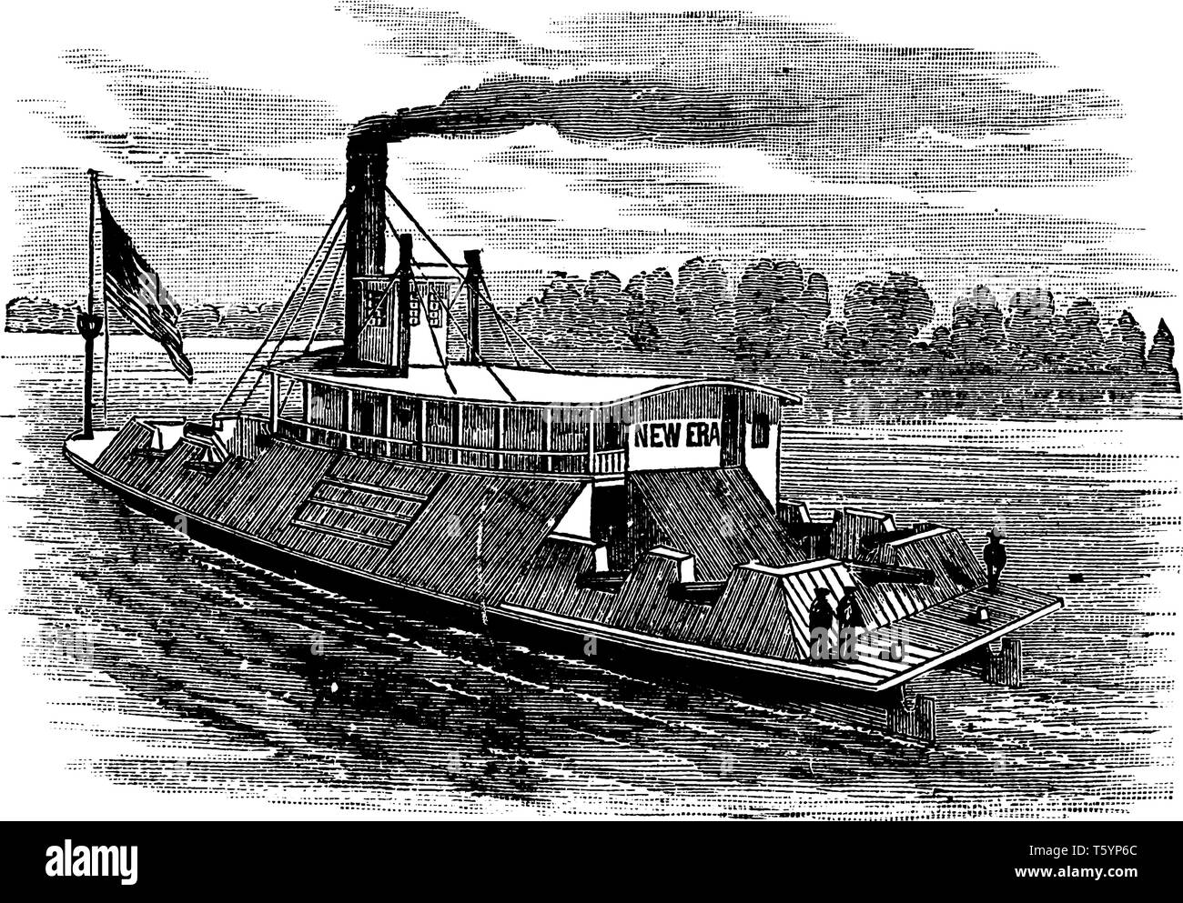 The New Era was a steamer acquired by the Union Navy during the American Civil War, vintage line drawing or engraving illustration. Stock Vector