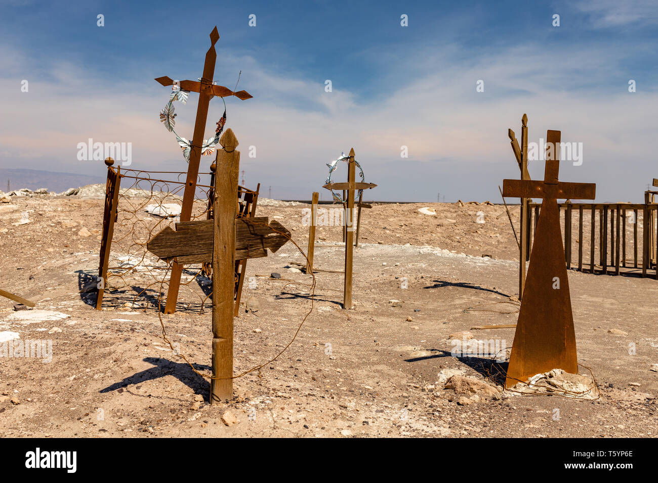 Abandoned Cemetery in the Atacama Desert, Northern Chile. From the era of nitrate mining Stock Photo