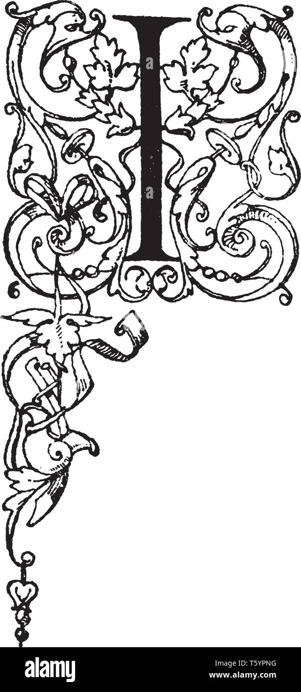 An ornamental and decorative letter I, vintage line drawing or