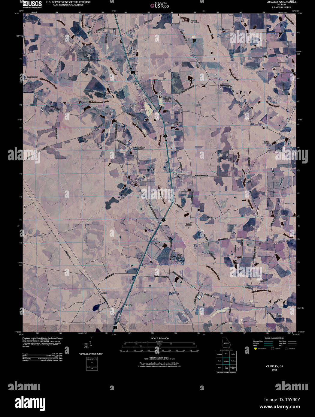 USGS TOPO Map Georgia GA Crawley 20110310 TM Inverted Restoration Stock Photo