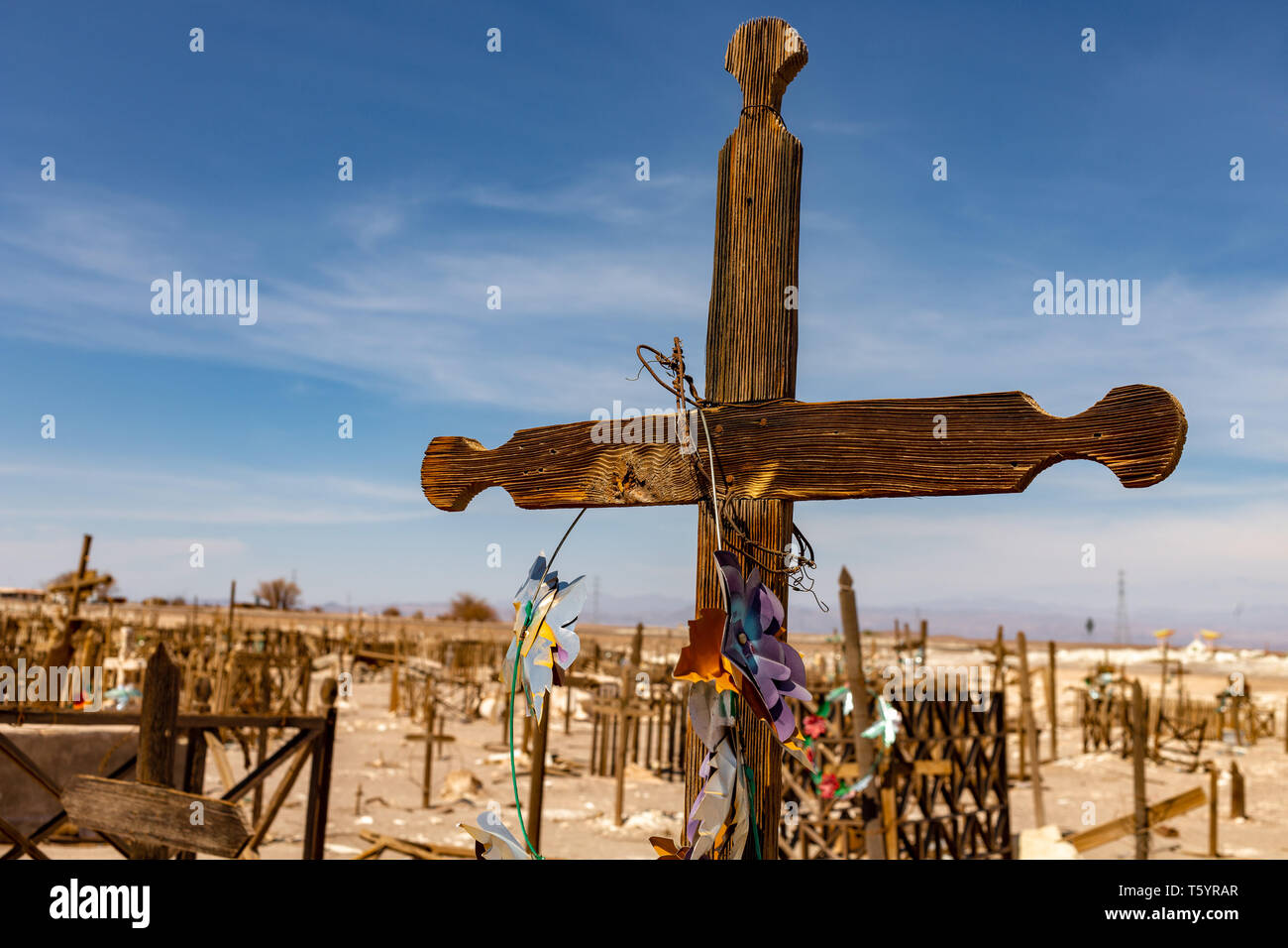 Abandoned Cemetery in the Atacama Desert, Northern Chile. From the era of nitrate mining Stock Photo