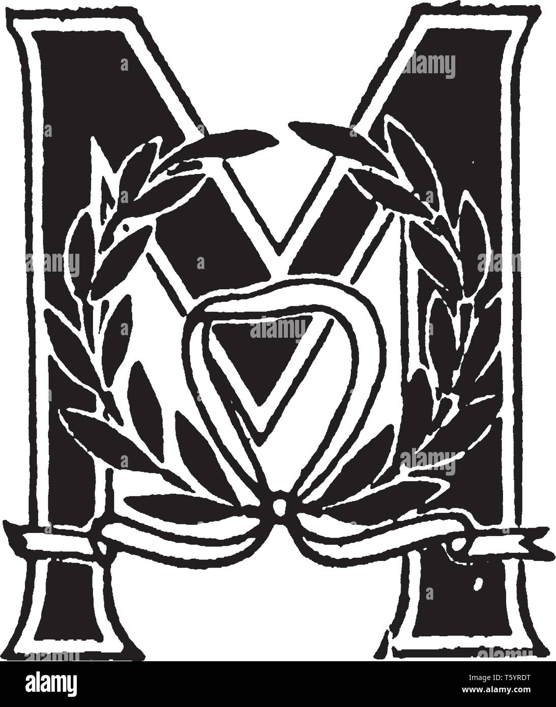 A decorative capital letter M with wreath, vintage line drawing or ...