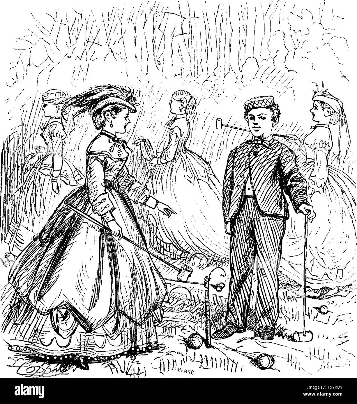 A boy and woman playing croquet, vintage line drawing or engraving