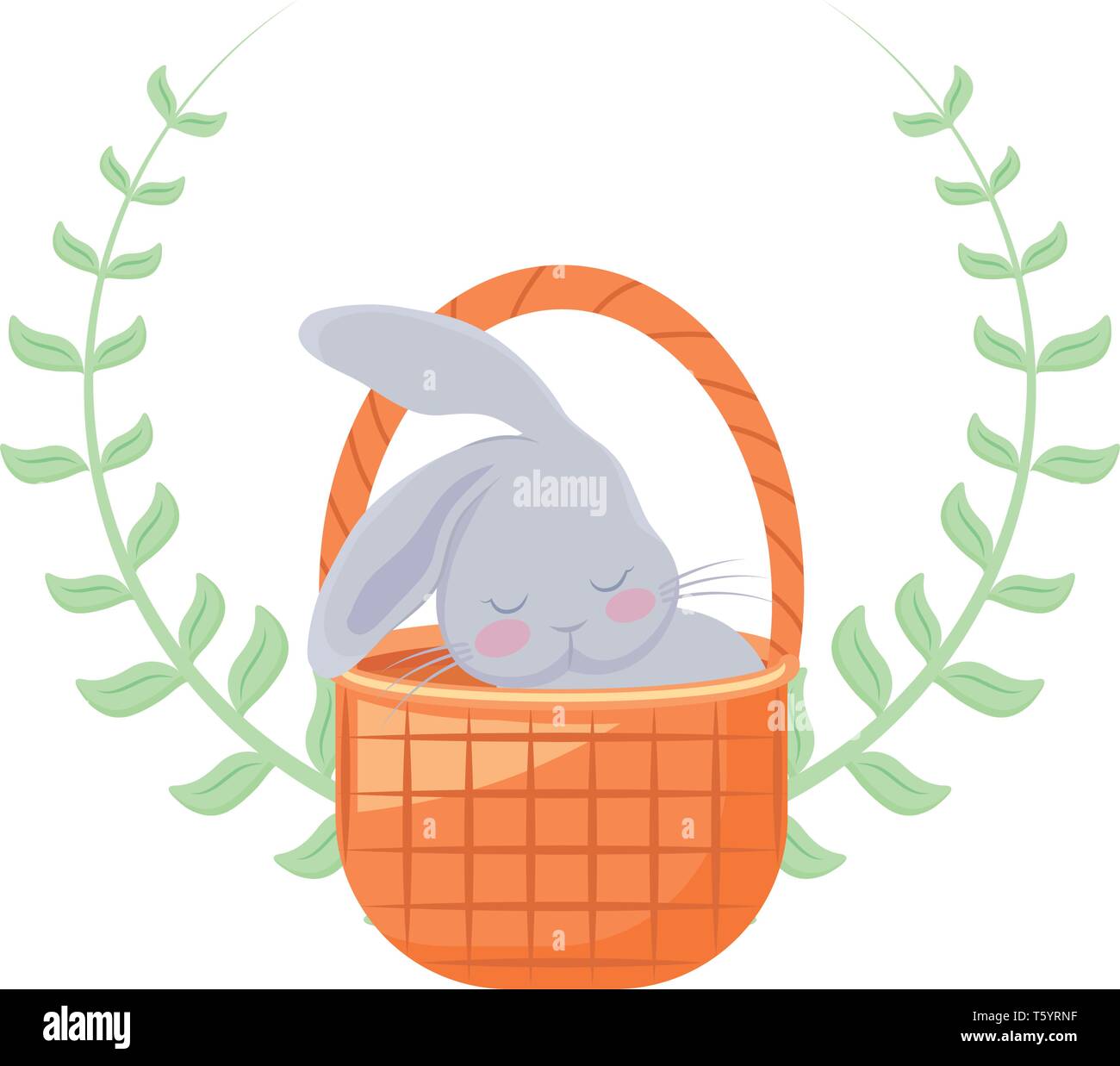 cute rabbit in basket wicker with crown of leaves vector illustration ...