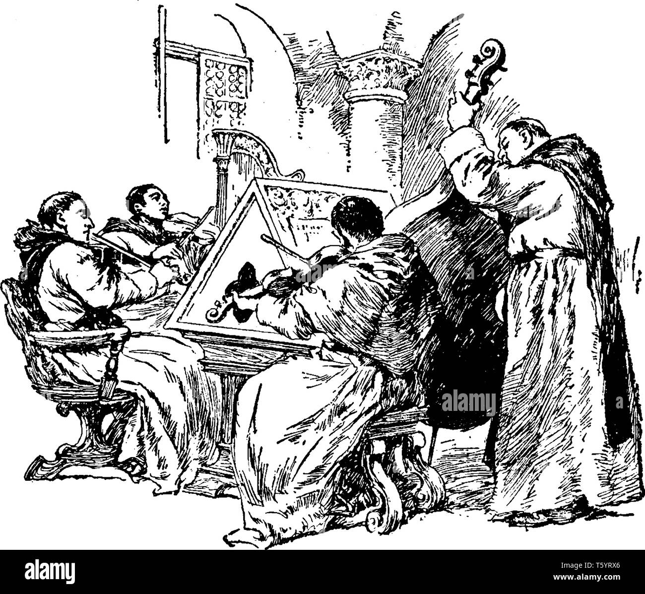 Four men playing musical instruments in concert, vintage line drawing ...