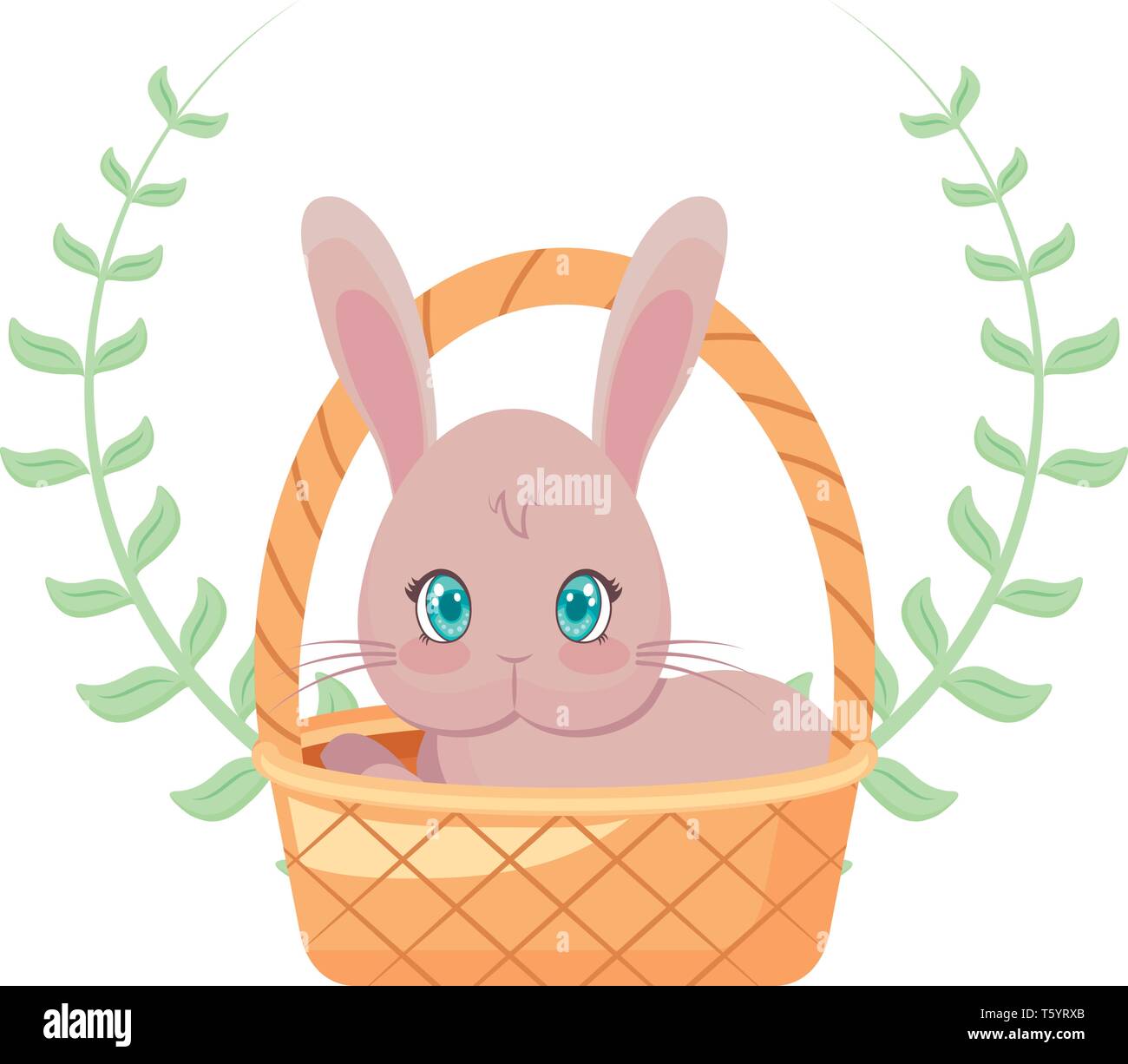 cute rabbit in basket wicker with crown of leaves vector illustration ...