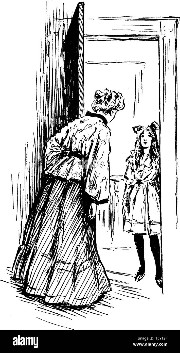 A Woman Answering The Door To Find A Young Girl Vintage Line Drawing Or Engraving Illustration Stock Vector Image Art Alamy