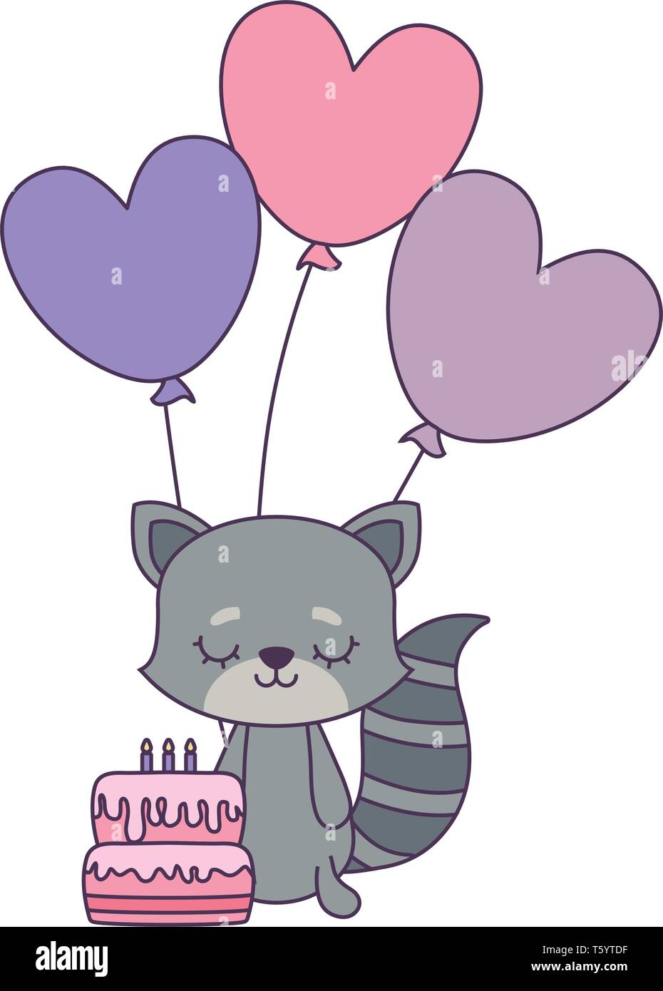 cute cat with cake of birthday and balloons helium vector illustration ...