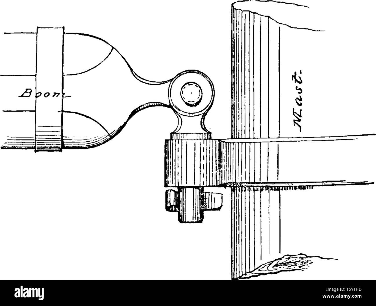 Gooseneck of Spanker Boom is a sort of iron hook fitted to the inner end of a yard or boom for temporary attachmen, vintage line drawing or engraving  Stock Vector