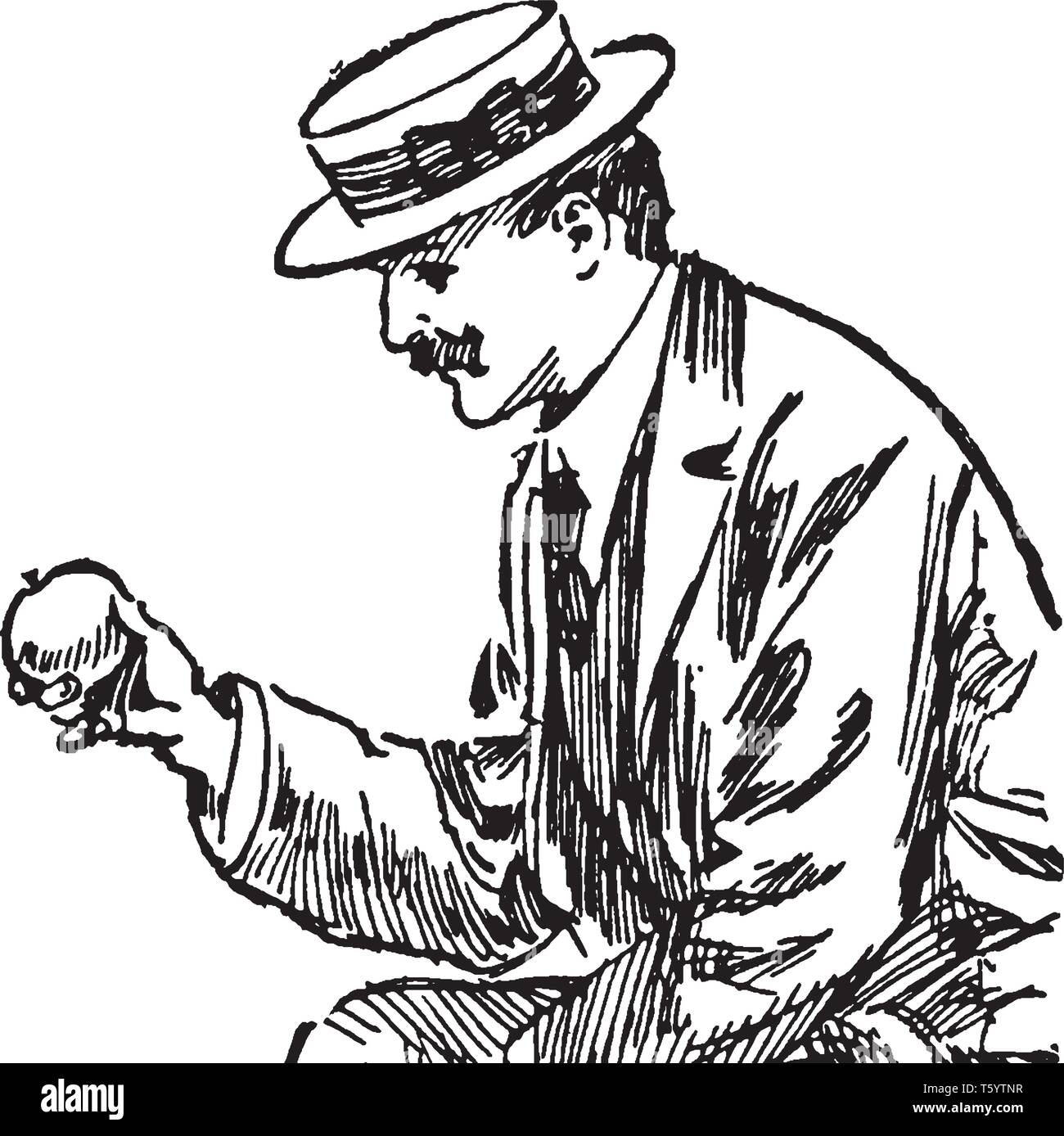A Man Holding An Apple In Hand Vintage Line Drawing Or Engraving Illustration Stock Vector Image Art Alamy