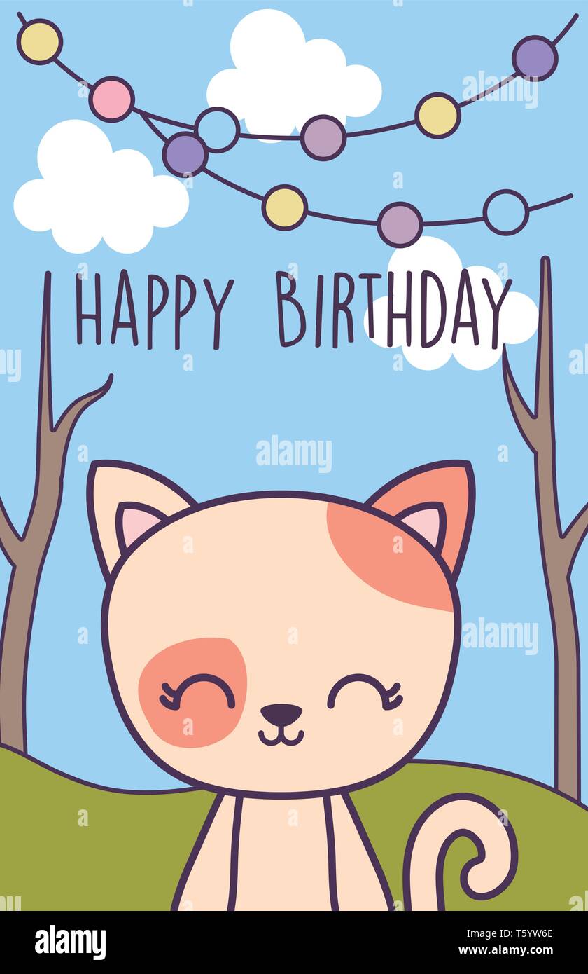 happy birthday card with cute cat in landscape vector illustration ...