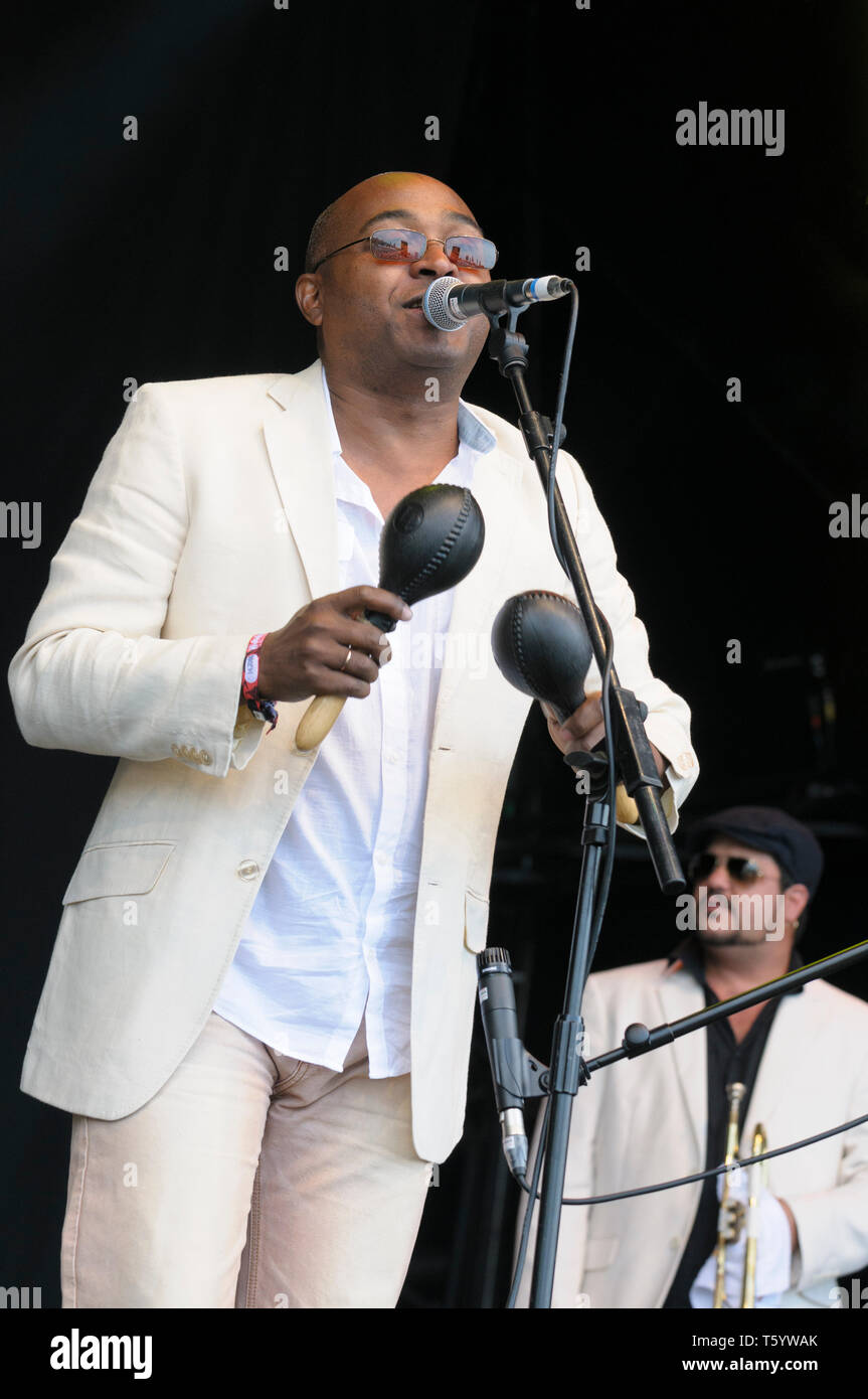 Inocencio Heredia (Chencho) of Cuban band, Septeto Santiaguero performing at the Womad Festival, Charlton Park, UK, July 26, 2014. Stock Photo
