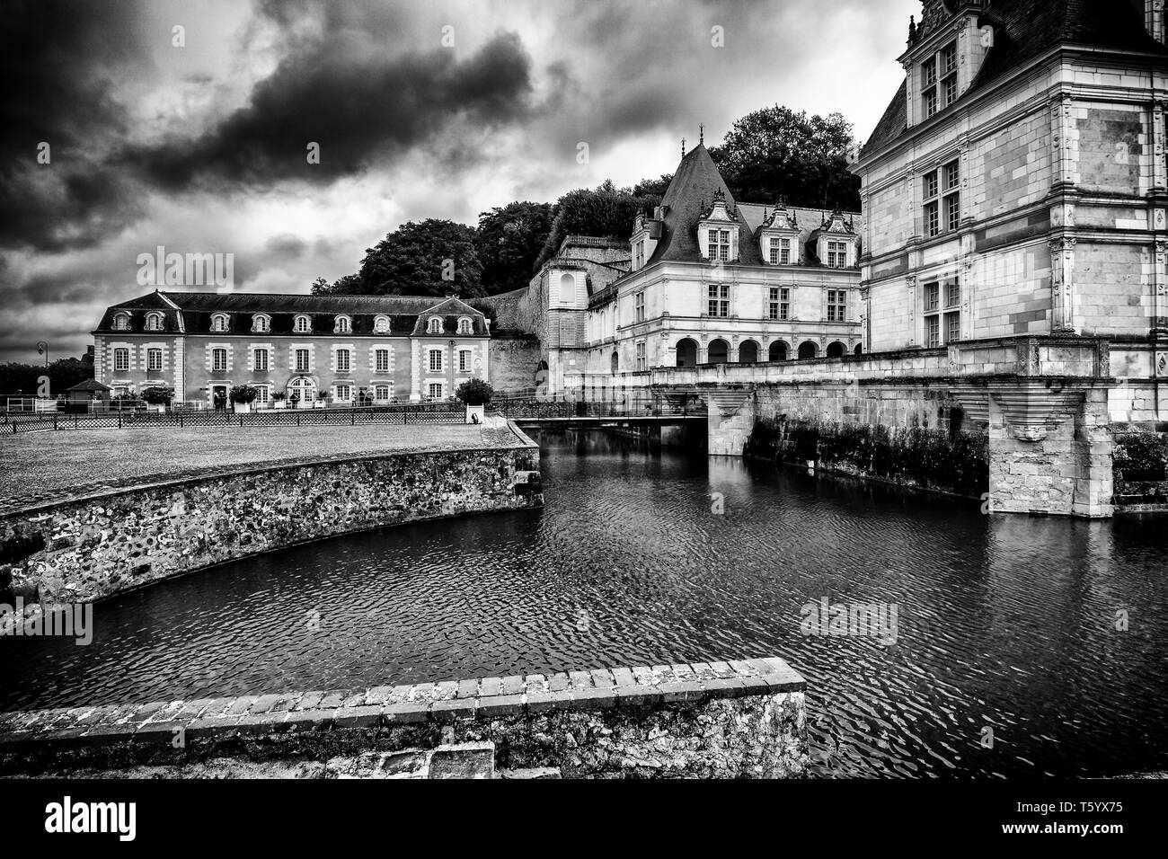 Black and white photo of Villandry castle and its' gardens in France. Amazing Chateau de Villandry of Loire Valley, Indre-et-Loire region in France Stock Photo