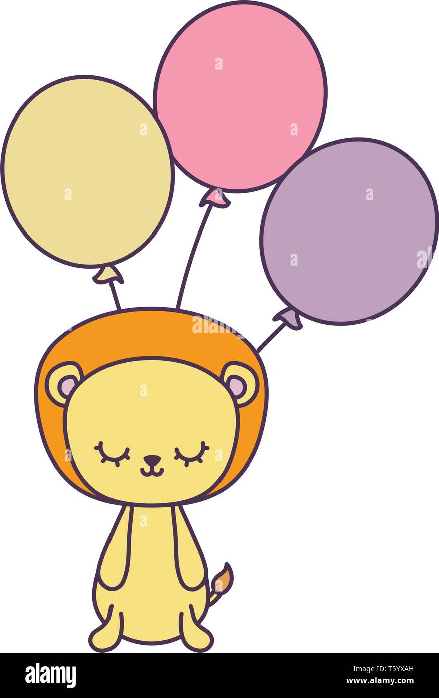 cute lion animal with balloons helium vector illustration design Stock ...