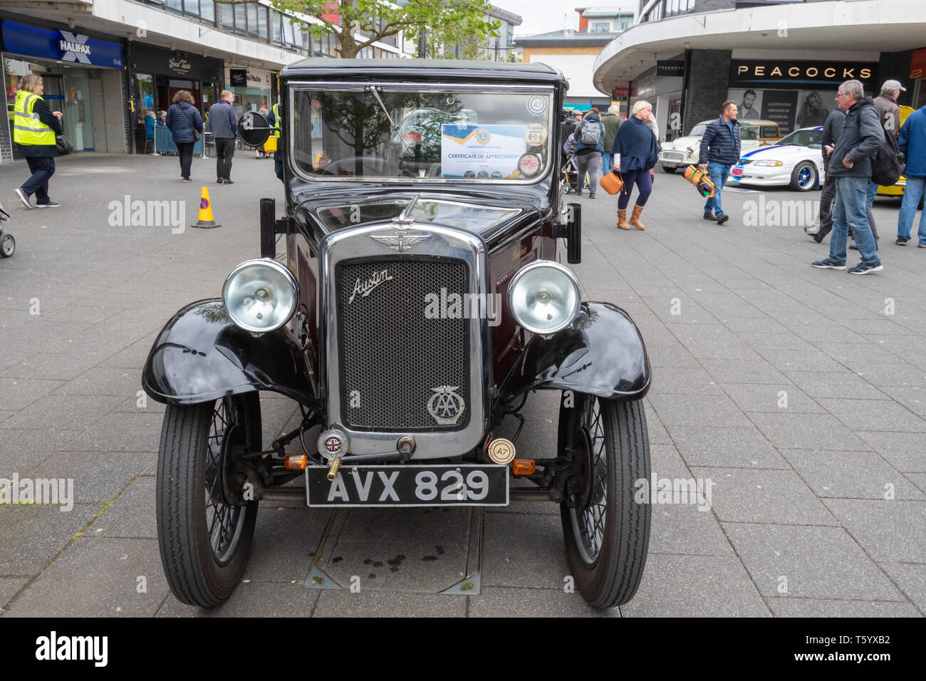 Maroon 1934 vintage Austin Seven RP Box 'Beatrix' car at a classic motor vehicle show in the UK Stock Photo