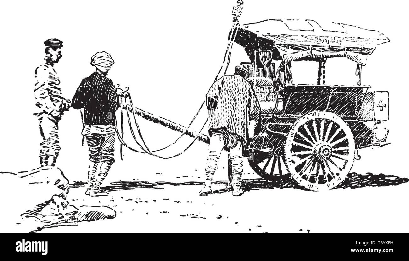 Ambulance which is British Indian galloping ambulance, vintage line drawing or engraving illustration. Stock Vector