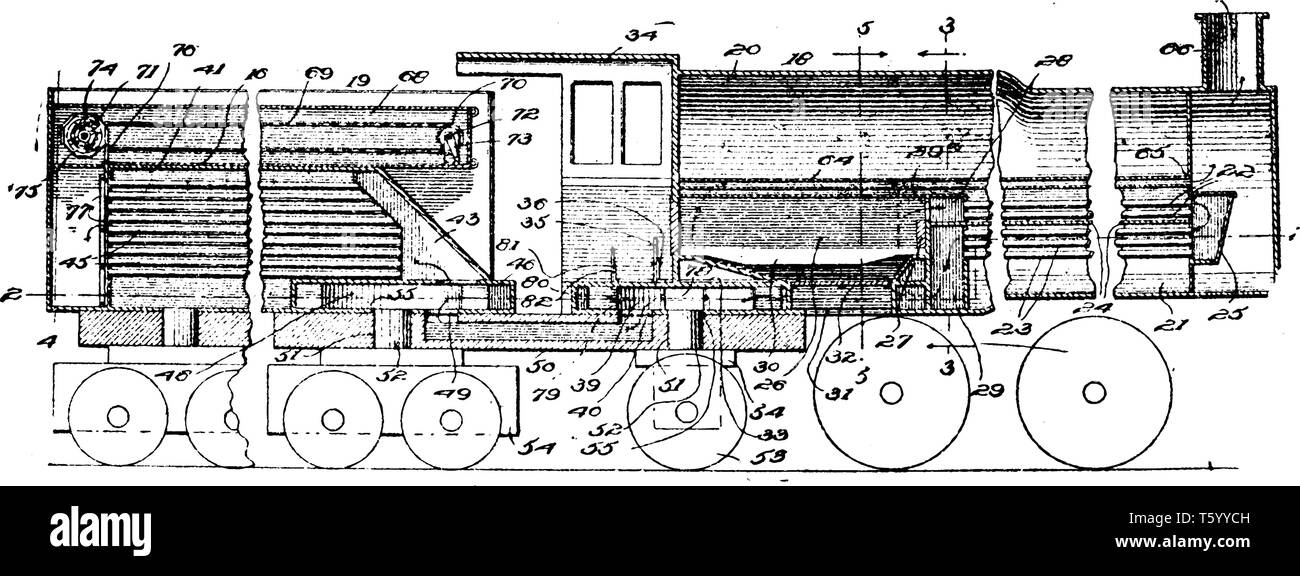 Locomotive Train is a series of connected railroad cars pulled or pushed by one or more locomotives, vintage line drawing or engraving illustration. Stock Vector