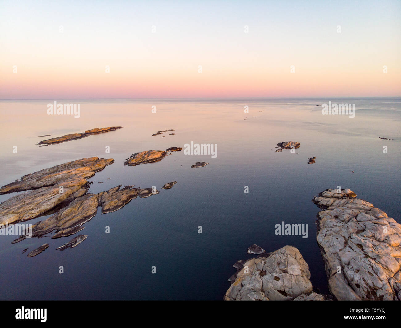 "The world's end" rocks from a drone in Tjøme, Norway Stock Photo