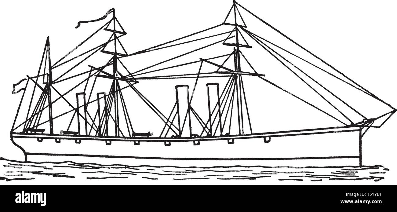 Wampanoag was a screw frigate in the United States Navy built during the American Civil War, vintage line drawing or engraving illustration. Stock Vector