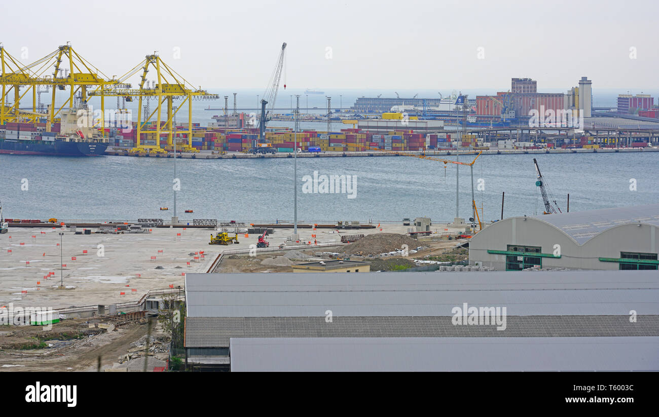 TRIESTE, ITALY -12 APR 2019- View of the Free Port of Trieste, a commercial port in the Adriatic Sea in the autonomous region of Friuli-Venezia Giulia Stock Photo