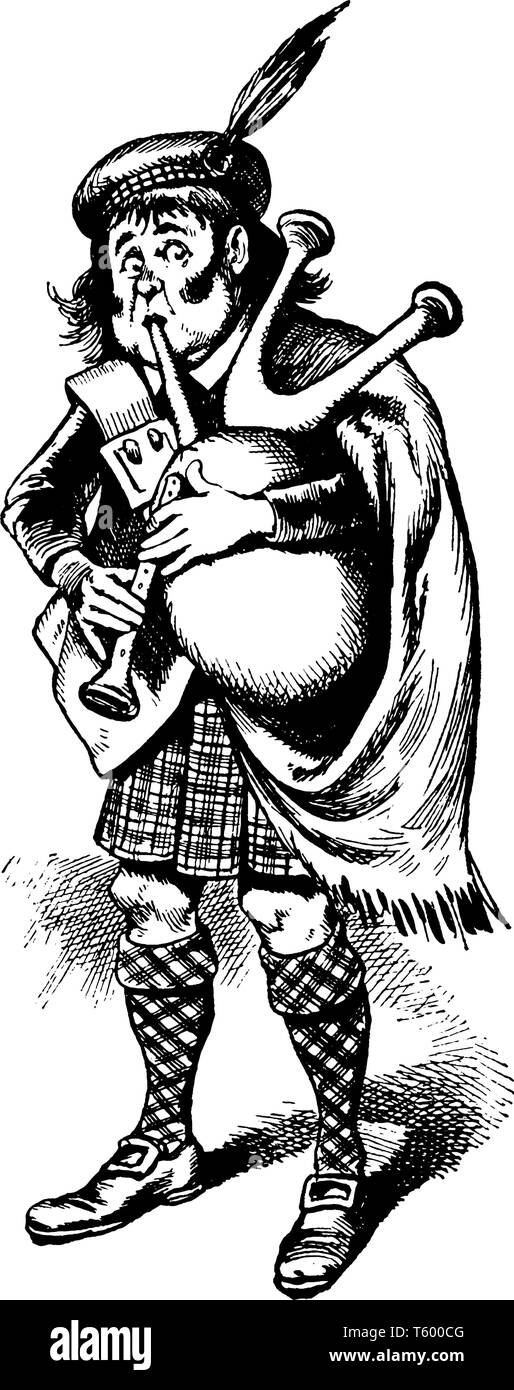 A man with feathered hat playing bagpipes, vintage line drawing or