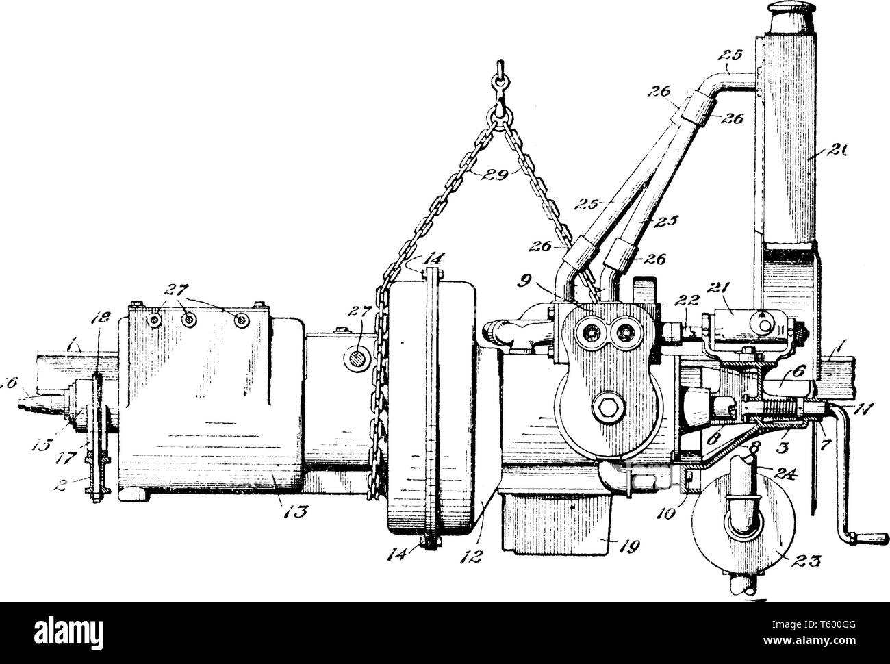 Motor Vehicle Engine is an internal combustion engine in which high temperature and pressure gases produce a combustion, vintage line drawing or engra Stock Vector