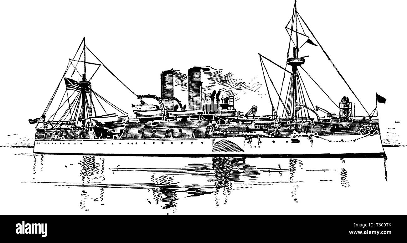 United States Battleship Maine is an American naval ship that sank in Havana Harbor during the Cuban revolt against Spain, vintage line drawing or eng Stock Vector
