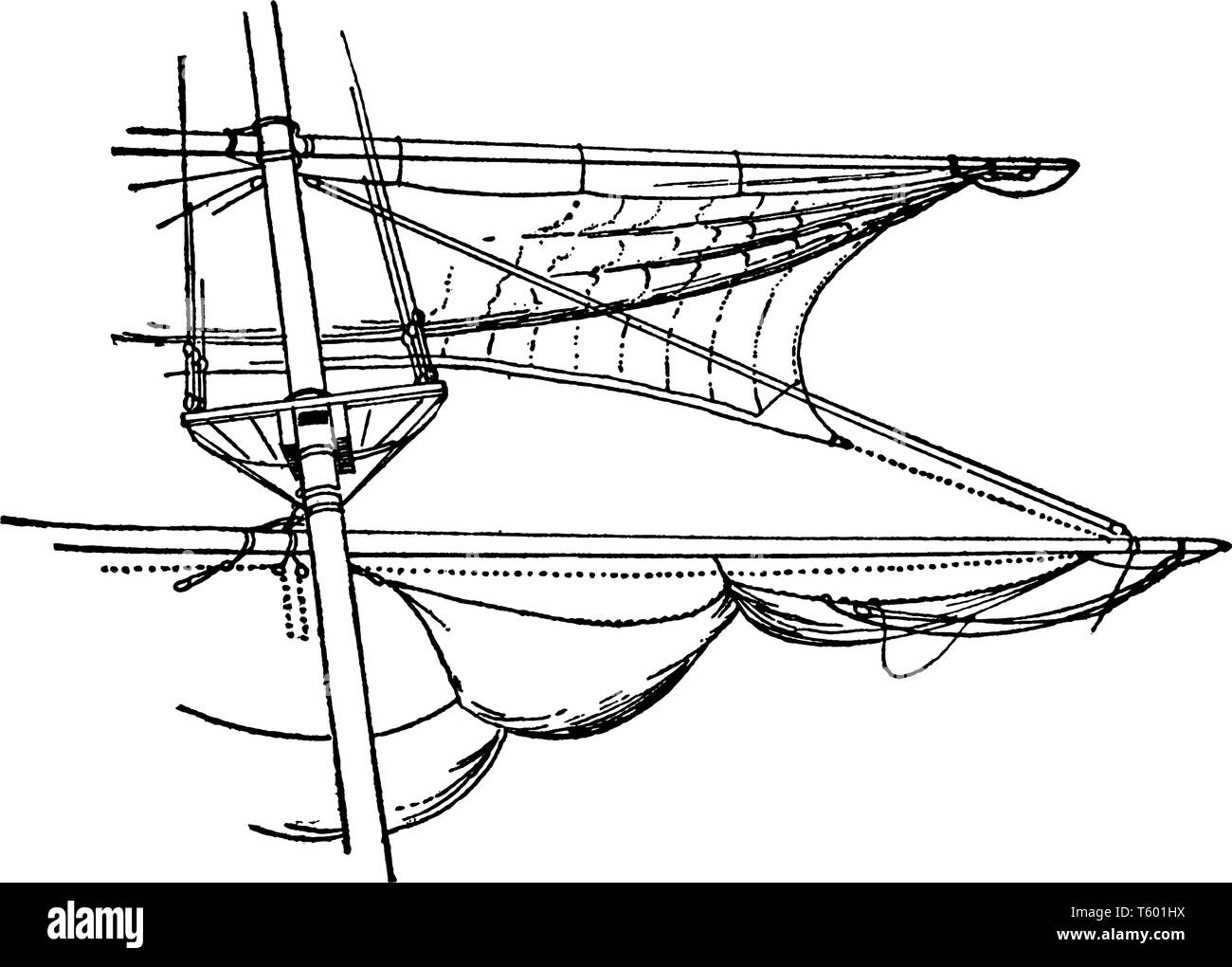 Monkey Reef Jib said of a sail when the yard is on the cap and the reef tackles are hauled out, vintage line drawing or engraving illustration. Stock Vector