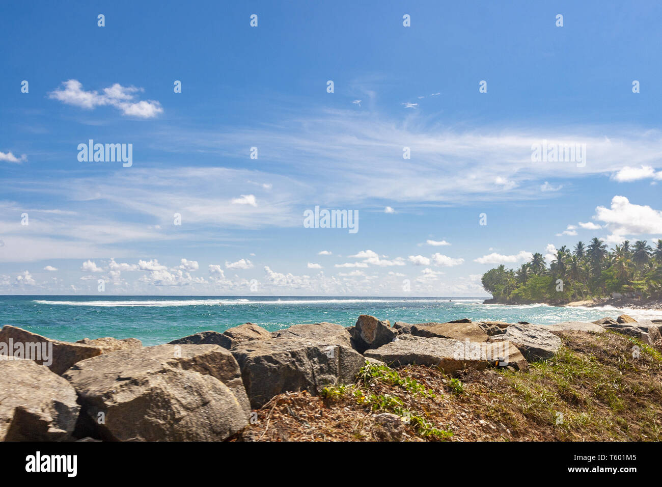 Most popular unawatuna beach on sri lanka, beach with golden sand and palm trees offering activities like snorkeling and scuba diving Stock Photo