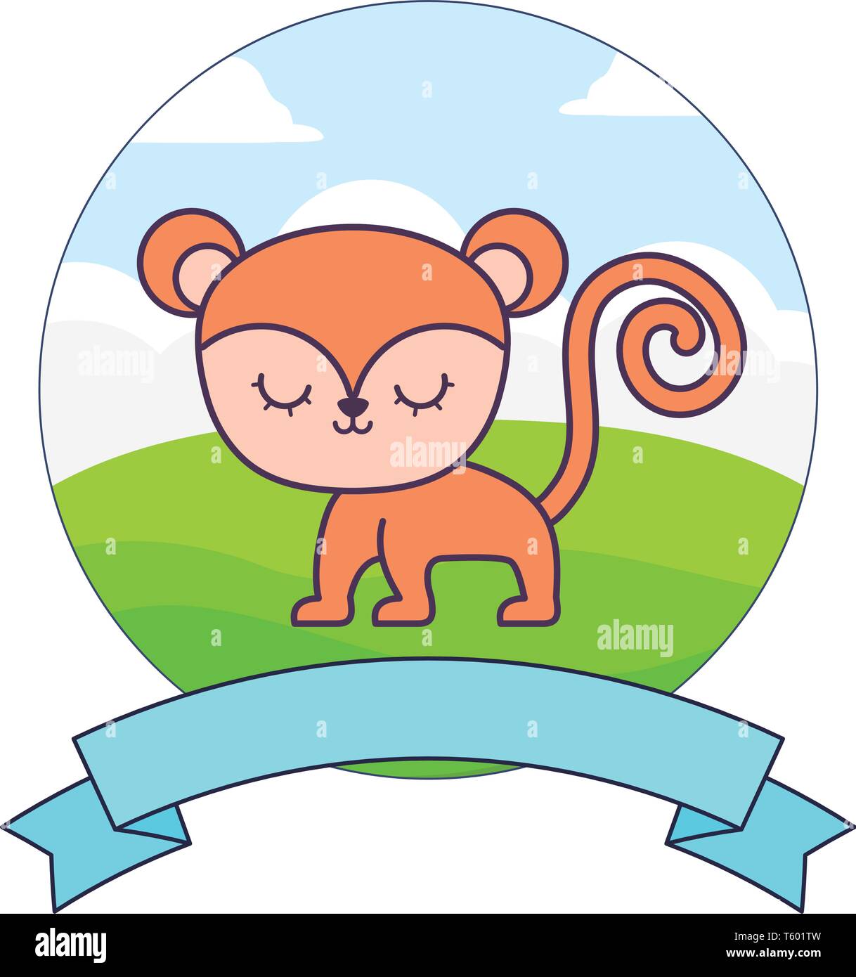 cute monkey in landscape with frame and ribbon vector illustration ...