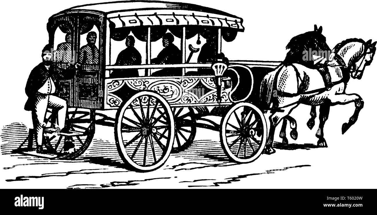 Philadelphia Firemen Ambulance is believed that the earliest use of ambulances occurred during the Civil War, vintage line drawing or engraving illust Stock Vector