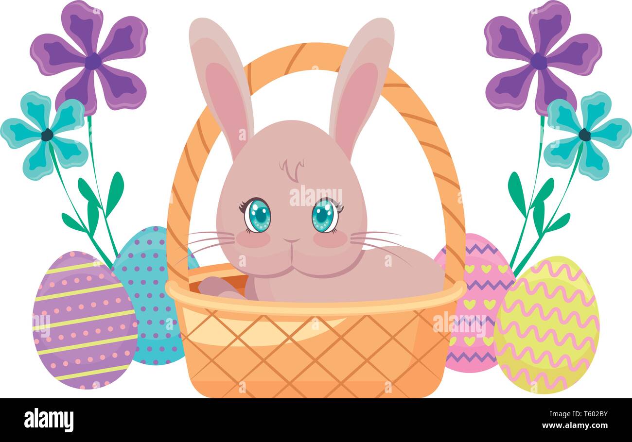 cute rabbit with basket wicker and eggs of easter vector illustration ...