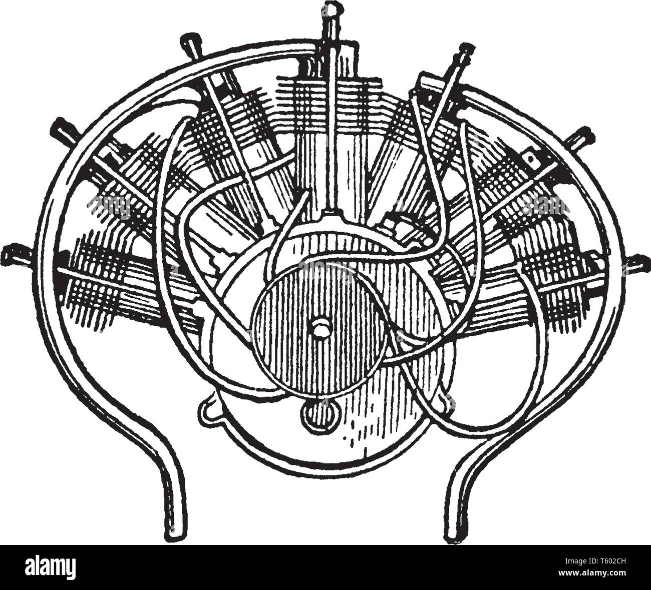 Gas Engine is an internal combustion engine which runs on a gas fuel, vintage line drawing or engraving illustration. Stock Vector