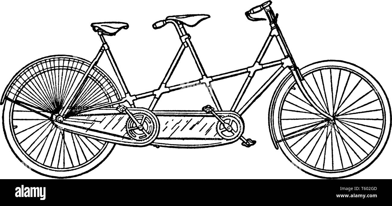 Tandem Bicycle is a form of bicycle designed to be ridden by more than one person, vintage line drawing or engraving illustration. Stock Vector