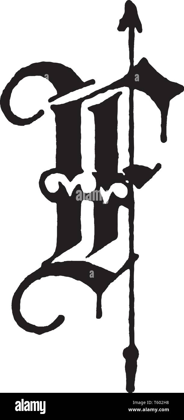 An old English letter F fancy text, vintage line drawing or engraving