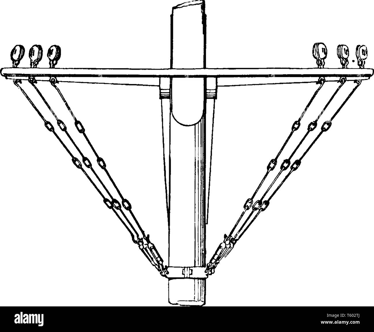 Futtock Shrouds are rope wire or chain links in the rigging of a traditional square rigged ship, vintage line drawing or engraving illustration. Stock Vector