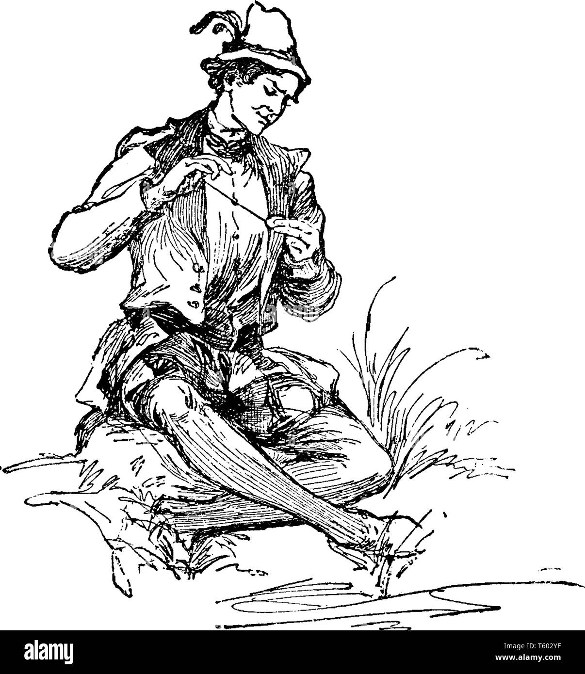 A Man With Feathered Hat Sitting Down And Looking At His Pocket Watch Vintage Line Drawing Or Engraving Illustration Stock Vector Image Art Alamy