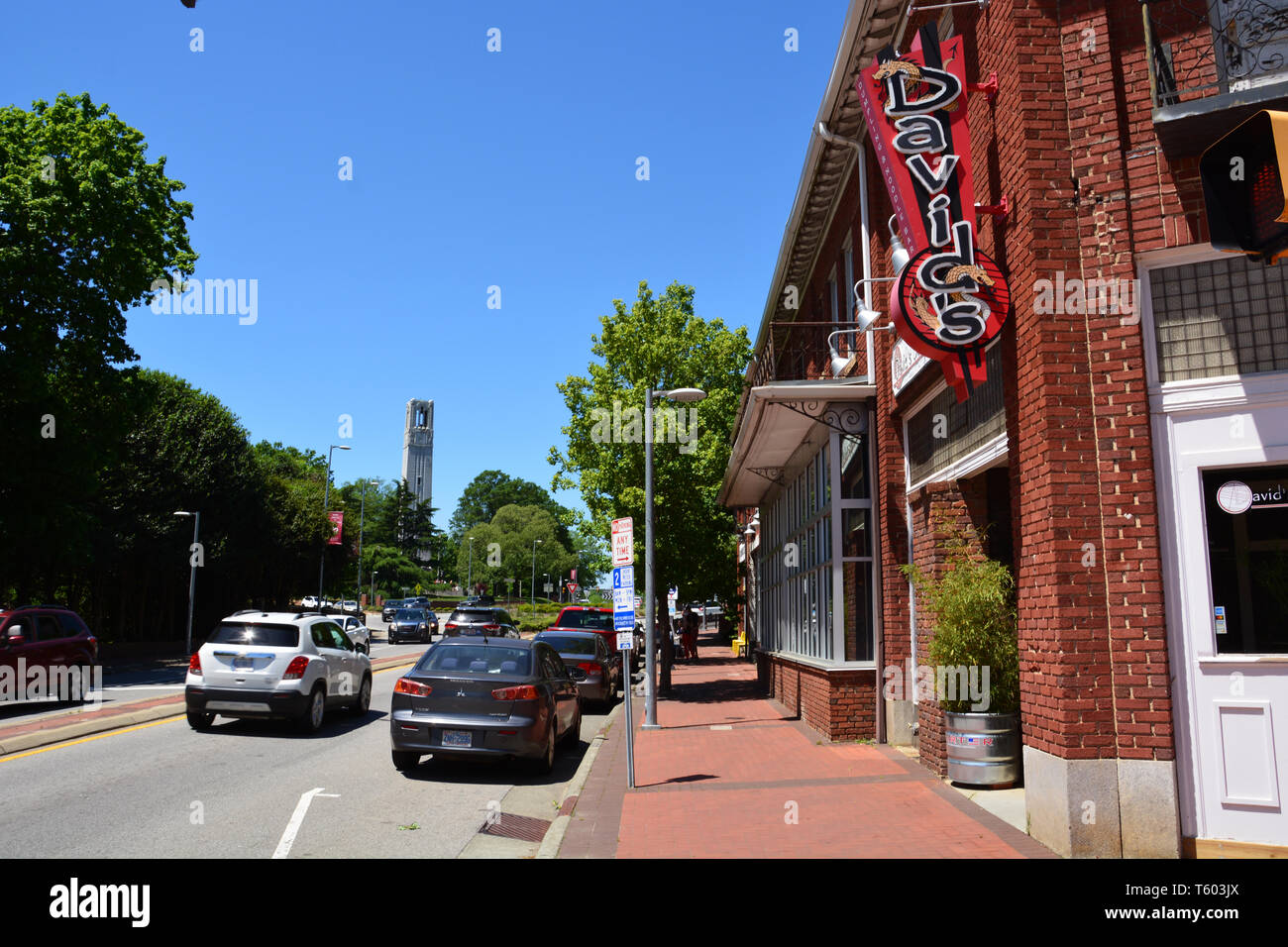 Businesses on Hillsborough Street form part of the social life on the NC State University campus in Raleigh North Carolina. Stock Photo