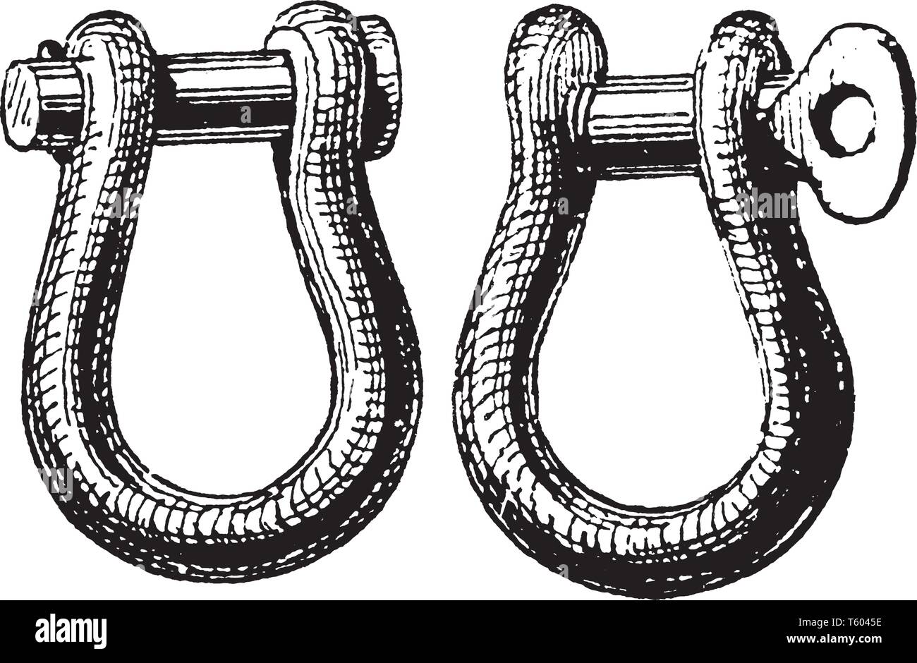 Anchor Shackles is the bow or clevis with two eyes and a screwbolt or bolt and key, vintage line drawing or engraving illustration. Stock Vector
