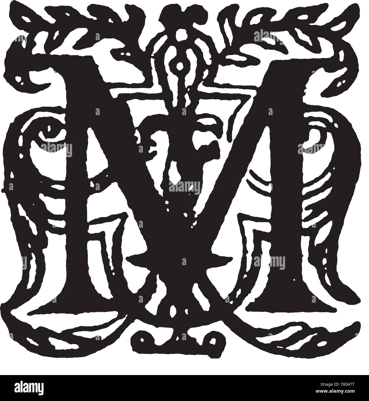 An ornamental capital letter M, vintage line drawing or engraving ...