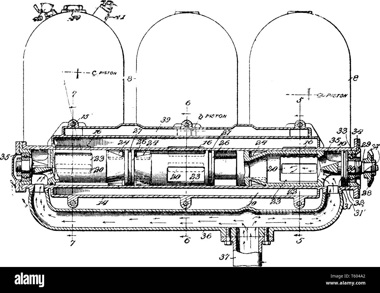 Internal Combustion Engine for an automobile featuring a mixture of fuel and oxidizer in the combustion chamber, vintage line drawing or engraving ill Stock Vector