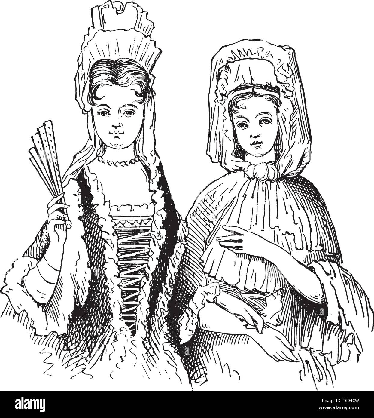 Female Costumes in 18th century which is a bit cheeky with her short skirt the costume comes with dress petticoat pearl necklace and optional white co Stock Vector