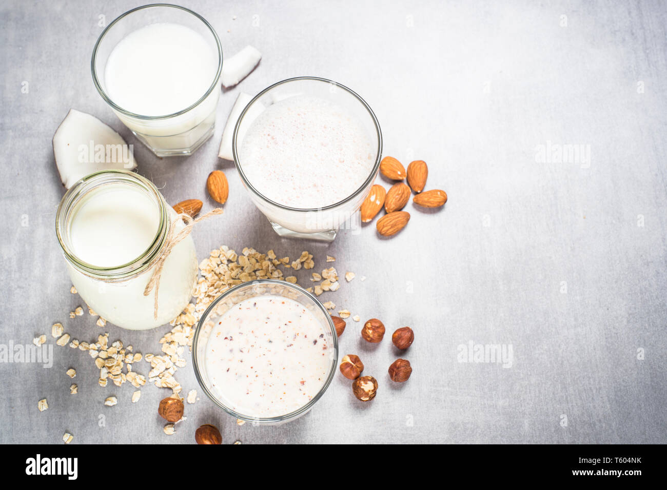 Vegan non dairy alternative milk top view.  Stock Photo