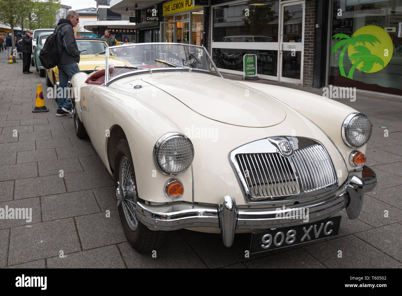 White 1960 MGA 1600 MK1 car at a classic motor vehicle show in the UK. Stock Photo