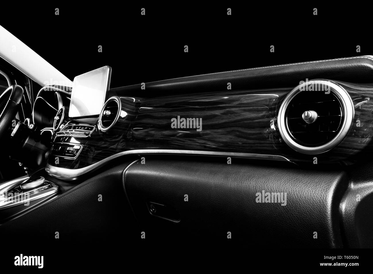 Modern Luxury car inside. Interior of prestige car. Comfortable leather seats. Perforated