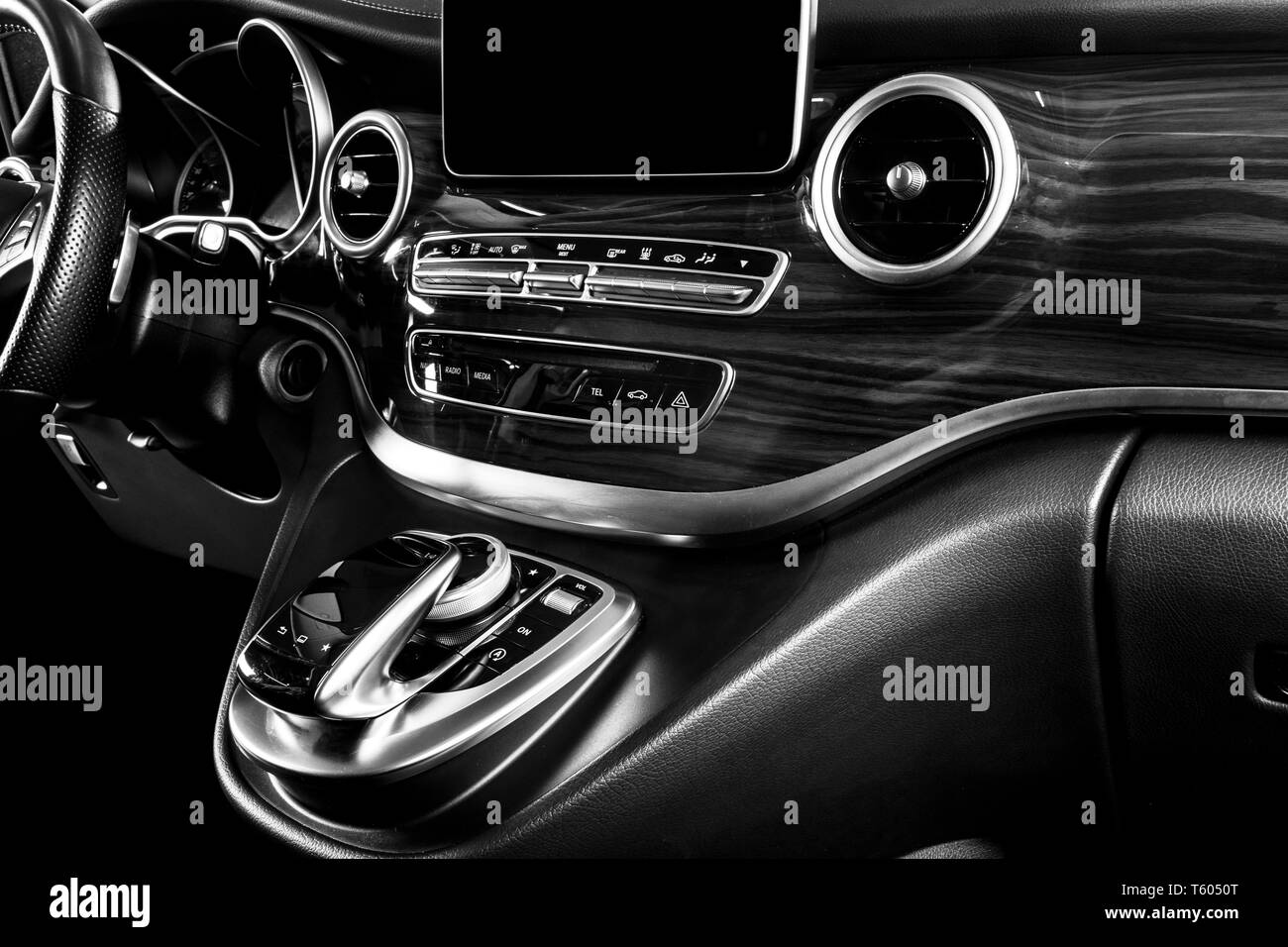 Modern Luxury car inside. Interior of prestige car. Comfortable leather seats. Perforated