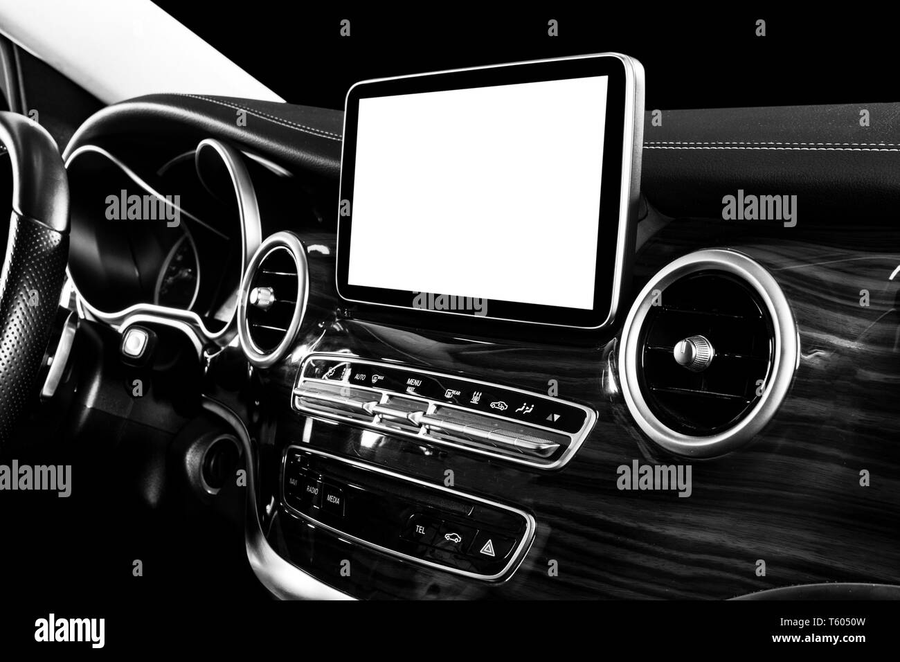 Monitor in car with isolated blank screen use for navigation maps and GPS. Isolated on white with clipping path. Car detailing. Modern car interior de Stock Photo