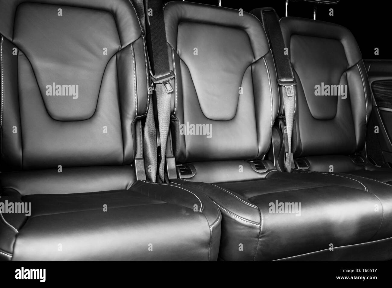 Back passenger seats in modern luxury car. Frontal view. Perforated