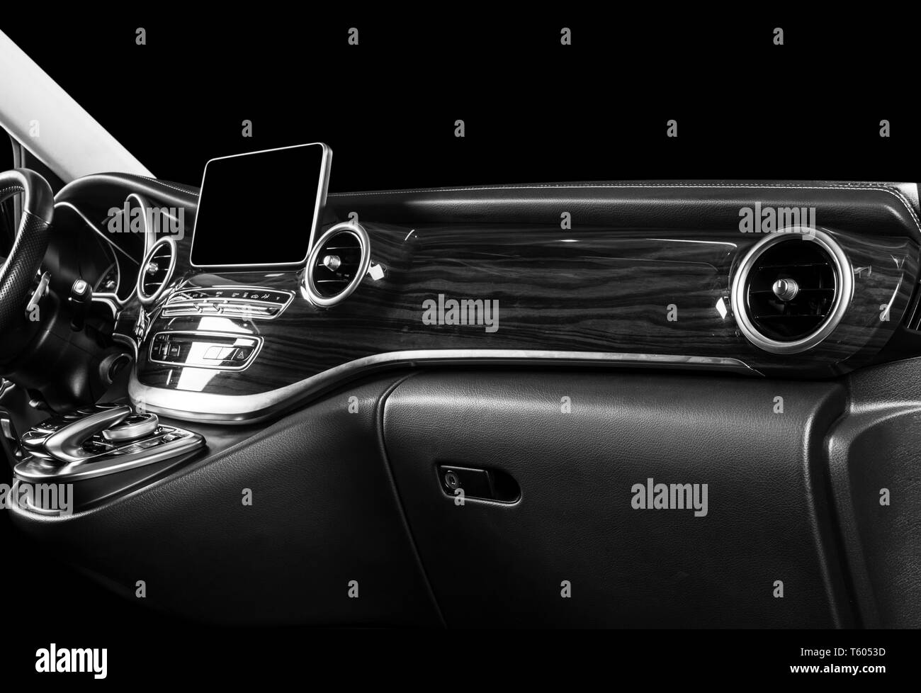 Modern Luxury car inside. Interior of prestige car. Comfortable leather seats. Perforated